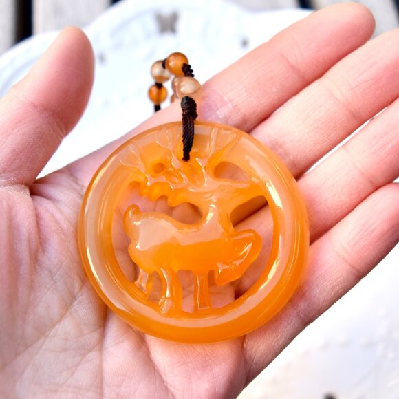 Agate Deer Pendant Necklace - Chinese Jade Stone Beaded Necklace - Picture 2 of 5